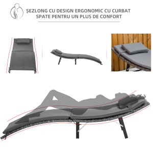 Set de 2 Sezlonguri Pliabile, Sezlong de Gradina din Ratan cu Perne Detasabile Lavabile si Masa Pliabila, Gri - Img 4