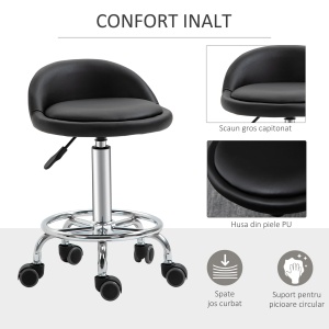 Set de 2 Taburete Pivotante cu Roti, Inaltime Reglabila si Tapiterie din Imitatie piele PU, 38x38x57-72cm - Img 5