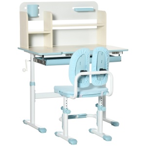 Set de birou si scaun cu inaltime reglabila Birou de scriere pentru copii masa de studiu pentru scoala cu raft, sertar, suport pentru stilouri, albastru - Img 1