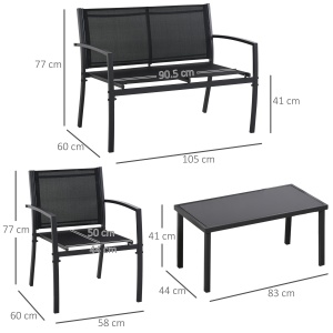 Set de Gradina 4 bucati cu Masuta de cafea, 2 Scaune si o Panca in Metal, Negru - Img 3