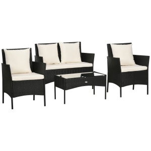 Set de Gradina 4 Piese din Ratan cu 2 Scaune, Fotoliu de Gradina cu 2 Locuri si Masuta Joasa de Cafea, Negru si Crem - Img 1