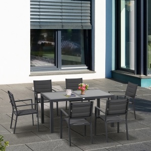 Set de Gradina din Aluminiu 7 Piese cu Masa Dreptunghiulara Extensibila si 6 Scaune de Exterior cu Sezuta din Plasa Respirabila, Gri - Img 2