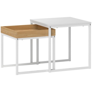 Set de Măsuțe de Cafea Impilabile Moderne cu Tavă, 45x45x45 cm, Alb și Stejar