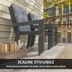 Set de Mobilier de Grădină cu 7 Piese, Masă și 6 Scaune Stivuibile, Mobilier din Oțel Textilen, Gri Deschis - Img 4