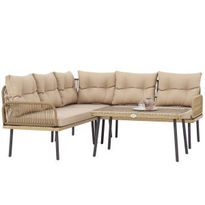 Set de Mobilier de Grădină din 4 Piese cu 2 Canapele, Fotoliu de Colț și Măsuță de Cafea, 100x68x74 cm, Bej - Img 1