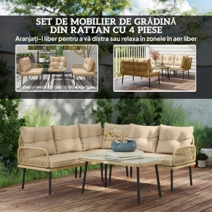 Set de Mobilier de Grădină din 4 Piese cu 2 Canapele, Fotoliu de Colț și Măsuță de Cafea, 100x68x74 cm, Bej - Img 4