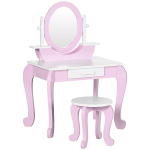 Set de Toaletă Machiaj, Măsuță de Machiaj cu Oglinzi și Taburet pentru Copii, Vârsta 3-6 Ani, 65,5x46x93 cm, Roz - Img 1