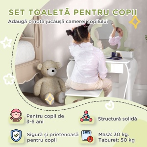 Set de toaletă pentru copii cu oglindă de machiaj și scaunel asortat din lemn, sertar și recipiente, alb - Img 4