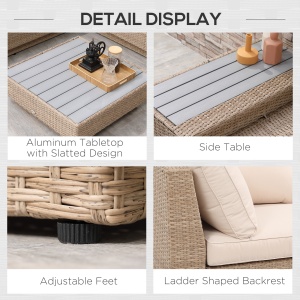 Set Living de Gradina din Rattan, 4 Piese, Coltar pentru Exterior cu Perne, Masute Laterale si Masuta de Cafea, Maro Deschis - Img 7