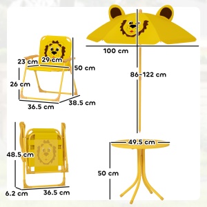 Set Masă, 2 Scaune și Umbrelă pentru Grădină, pentru Copii 2-5 Ani, Galben - Img 3