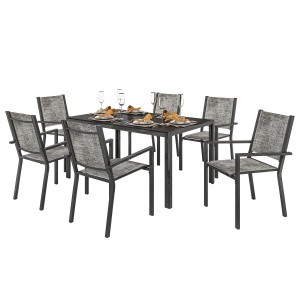 Set Masă de Grădină cu Scaune, 7 Piese, Set de Prânz cu Masă cu Blat din Lemn Compozit cu Șipci și 6 Scaune de Exterior Stivuibile, Mobilier din Oțel cu Texteline, Gri și Negru