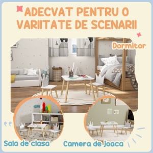 Set Masă și 2 Scaune pentru Copii 3-6 Ani, Masă Ondulată și Scaune în Formă de Coroană, 60x60x44 cm, Alb - Img 6