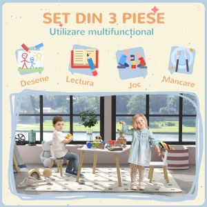 Set Masă și 2 Scaune pentru Copii 3-6 ani, Masă și Scaune cu Spătar în Formă de Urechi, 60x60x44 cm, Alb - Img 5