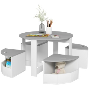 Set Masă și Scaun pentru Copii, Masă și Scaune pentru Copii din 5 Piese cu Depozitare, pentru Clasă, Creșă, Grădiniță, 78x78x49 cm, Gri - Img 1