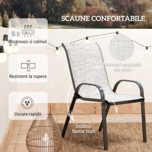 Set Mobilier de Grădină din 3 Piese cu Scaune Suprapozabile și Masă din Sticlă, 54x71x93 cm, Gri Închis - Img 6