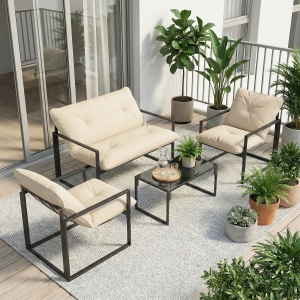 Set Mobilier Exterior 4 Piese, Set Relaxare cu Măsuță din Sticlă, Canapea, 2 Fotolii și Perne, Bej - Img 2