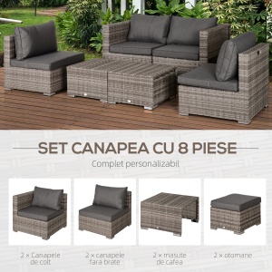 Set Mobilier Gradina 8 Piese, Canapea cu Masuta de Cafea din Ratan PE si Structura de Aluminiu, 75x75x71 cm, Gri - Img 4