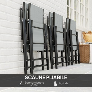 Set pentru Grădină din 7 Piese, cu 6 Scaune Pliabile și Masă cu Orificiu pentru Umbrelă, 150x90x71 cm, Gri - Img 4