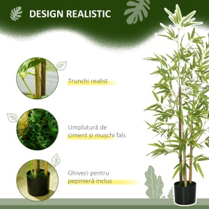 Set Plante Bambus Artificiale cu 3 Trunchiuri cu Ghiveci, Plante Artificiale din PP și Metal, 15x15x120 cm, Verde - Img 5