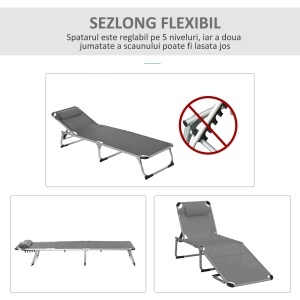 Șezlong de plajă, Pliabil cu suport pentru cap, spătar reglabil, aluminiu și textilene, bej - Img 4