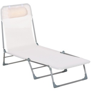 Șezlong Pliabil cu Spătar Reglabil pe 5 Niveluri și Pernă, Scaun de Grădină cu Șezut Respirabil din Texteline, pentru Plajă, Piscină, Grădină, 182x56x28 cm, Crem - Img 1