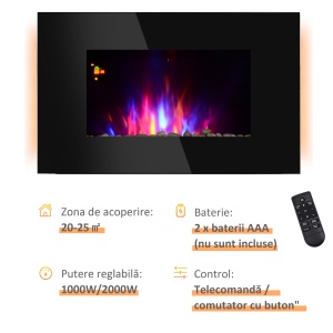 Soba Electrica de Perete sau Sol 2000W cu Flama LED 7 Culori, Negru, 90x56x9.5cm - Img 4