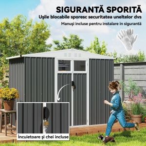 Șopron de Grădină cu 4 Guri de Ventilație, 2 Ferestre și Acoperiș Înclinat, 246x117x161/180 cm, Gri Închis - Img 5