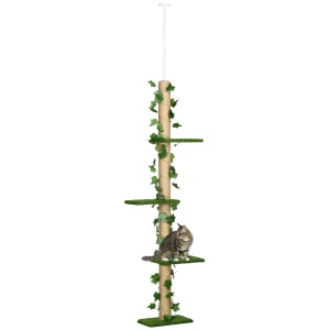 Stâlp Înalt pentru Pisici cu Tijă de Tensionare din Iută cu Frunze, 37x21x202-242 cm, Verde - Img 1