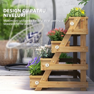 Strat de Grădină Înălțat pe 4 Niveluri și Orificii de Drenaj, 75x57x60,5 cm, Lemn Natural - Img 4