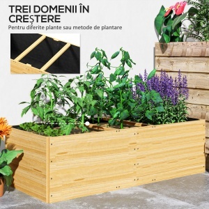 Strat de Grădină Înălțat și Adânc cu 3 Zone de Creștere și Strat de Protecție, 140x60x40 cm, Lemn Natural - Img 4