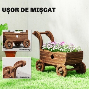 Strat Înălțat pentru Grădină în Formă de Cărucior cu 4 Roți și Mâner, Ghiveci din Lemn de Molid cu Găuri de Drenaj, pentru Balcon, Terasă, 68x38x52 cm, Finisaj Carbonizat - Img 6