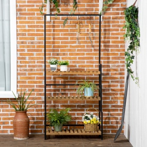 Suport de flori cu 3 niveluri cu carlige din lemn de brad si metal pentru interior si exterior, 80x36x174 cm, culoare negru si lemn - Img 7