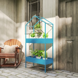 Suport Ghivece pe 2 Niveluri din Metal în Formă de Casă, Raft pentru Plante cu Cârlig pentru Interior și Exterior, 75x35x150 cm, Verde Albastru - Img 2