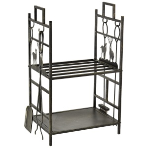 Suport Lemne de Foc din Fier Forjat cu Instrumente pentru Semineu si Manere, Baza Suport Lemne Inaltata si Decorata, 51.5x33x77cm - Negru