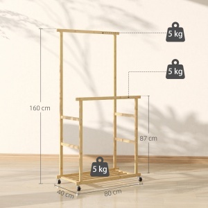 Suport pentru haine cu 2 bare, raft inferior și 4 roți din bambus, 80x40x160 cm, lemn natural - Img 3