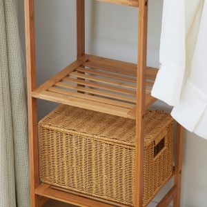 Suport pentru Haine din Bambus cu Rafturi pe 6 Niveluri și Bară pentru Haine, Stender pentru Dormitor și Hol, Design Modern, 90x30x145 cm, Lemn Natural - Img 8