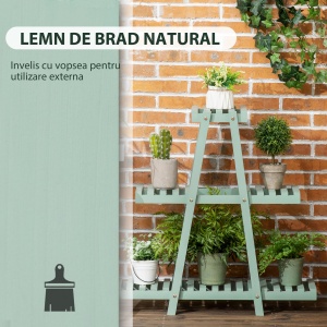Suport pentru plante din lemn de brad cu 3 niveluri pentru interior si exterior, 76x26x76cm, verde deschis - Img 5
