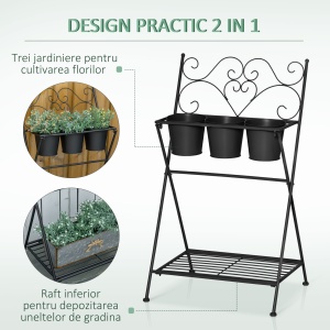 Suport pentru plante din Metal Pliabil cu 3 Ghivece, Raft pentru Plante cu Etajera pentru Casa si Gradina, 47x37x78,5 cm, Negru - Img 4