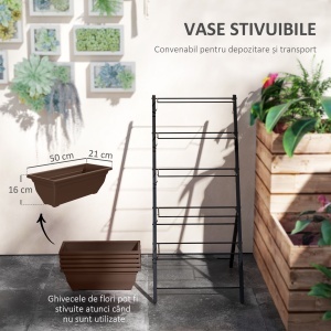 Suport pentru Plante Vertical cu 5 Niveluri și 5 Ghivece cu Găuri de Drenaj, Suport din Oțel și Plastic, 55x63x120 cm, Maro - Img 5