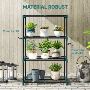 Suport Vertical pentru Plante cu 4 Niveluri din Oțel și Plastic, Suport pentru Ghivece de Interior și Exterior, Grădină, Balcon, 67x49x105 cm, Verde Închis - Img 6