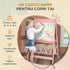 Tablă de Scris 3 În-1 pentru Copii 3-8 Ani din Lemn, 54x46,5x93 cm, Roz - Img 6