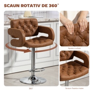 Taburet de Bar cu Înălțime Reglabilă, Scaun Înalt din PU cu Spătar, Suport pentru Picioare, Cotiere și Șezut Moale, Structură din Oțel, Rotativ la 360°, pentru Bucătărie, Maro - Img 5