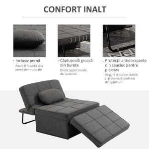 Taburet Pat Individual 3 în 1 cu Spătar Reglabil pe 5 Nivele și Pernă Suplimentară, 95x179x78 cm, Gri - Img 7