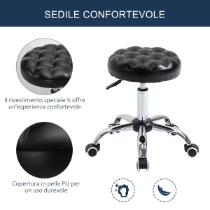 Taburet Reglabil pe Inaltime cu 5 Roti Pivotante, din Otel, Spuma de Cauciuc si Imitatie de Piele, Ф48x47-59lcm, Negru - Img 6