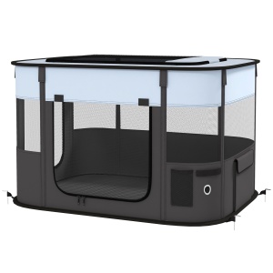 Țarc de Joacă pentru Animale de Companie cu 7 Ferestre, 3 Uși și 2 Pungi de Depozitare, Gard pentru Câini din Țesătură și Oțel Oxford, 84x64x53 cm, Negru
