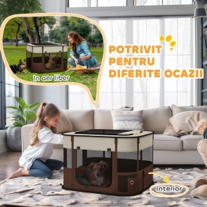 Țarc pliabil pentru câini cu geantă de transport pentru interior/exterior, Gri - Img 7