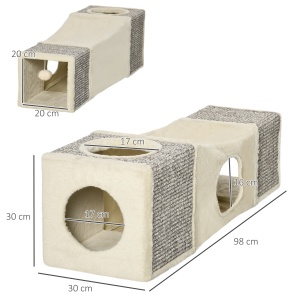 Tunel Pliabil pentru Pisici cu Căsuțe și Zgârâietori, Jucării cu Minge de Pluș și Sisal, 98x30x30 cm, Alb Crem - Img 3