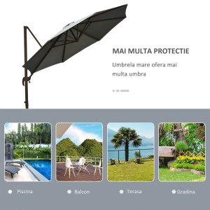 Umbrel de Gradină cu Manivelă cu Înclinare Reglabilă, Umbrelă cu Braț și Stinghii, Ø2.95x2.5 m, Gri - Img 7