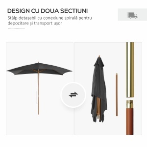 Umbrelă de Grădină 2x3m din Lemn și Bambus cu 8 Stecche și Acoperire din Poliester, Gri Închis - Img 4
