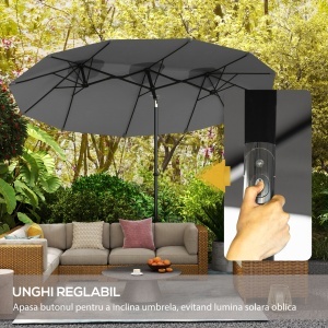 Umbrela de Gradina Dubla inclinabila 45°, cu Manivela si 3 Orificii de Ventilatie, 295x152x222 cm, Gri - Img 4
